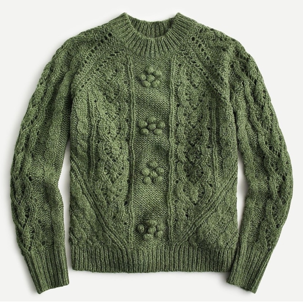 J. Crew Cable-knit pointelle sweater popcorn flowers in moss green